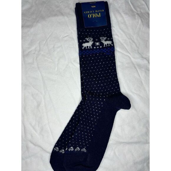 Polo Ralph Lauren Deer Print Wool-Blend Boot Socks Blue‎ 10-13 Sock 6-12.5 Shoe - Picture 1 of 3